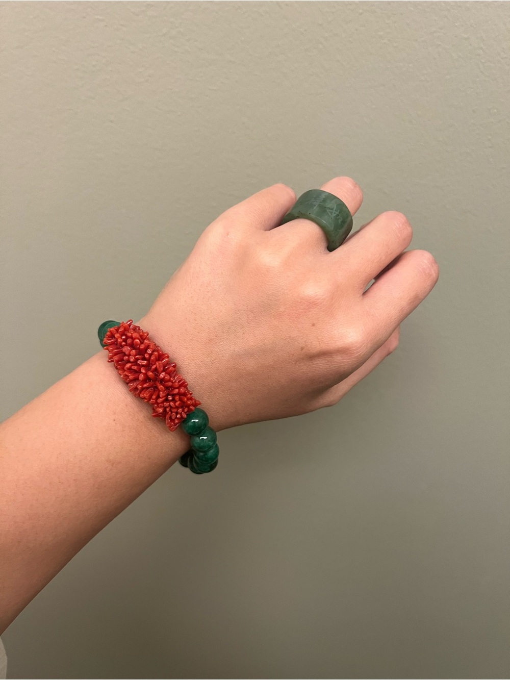 Jade Bead Bracelet with Red Coral Cluster Bracelet